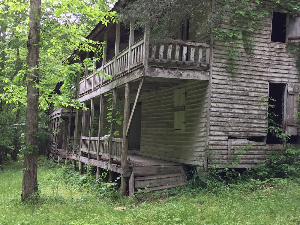 Two old hotel buildings surrounded by trees at Primm Springs in Tennessee.